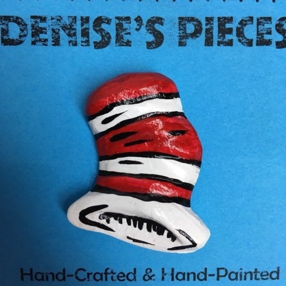Seuss Cat In The Hat Pin Brooch 1.5 In Artisan Red White Striped Seussical 1